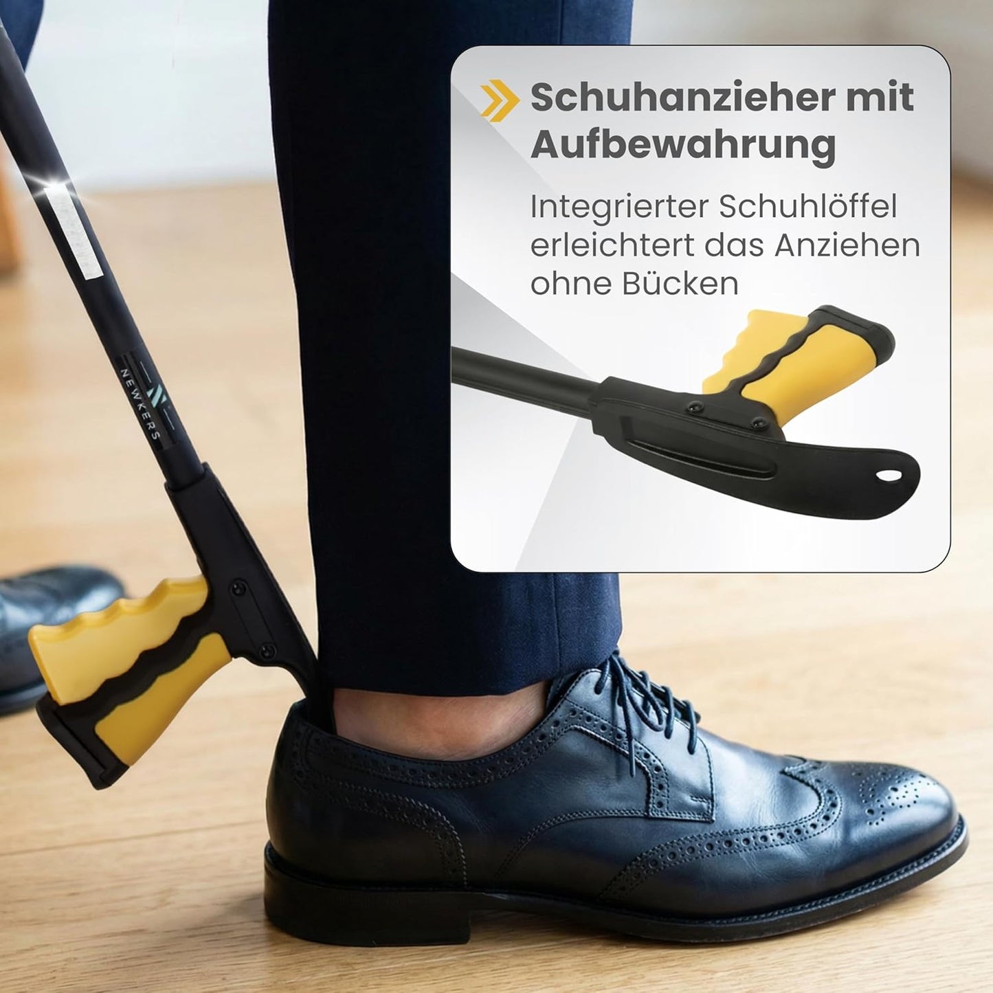 Newkers® - Greifzange für Senioren [80 cm] Faltbare Müllzange aus Aluminium mit 360° Drehkopf Magnet | Schuhlöffel lang | Schuhanzieher für Damen Herren | rutschfeste Silikongreifer (Gelb Schwarz)