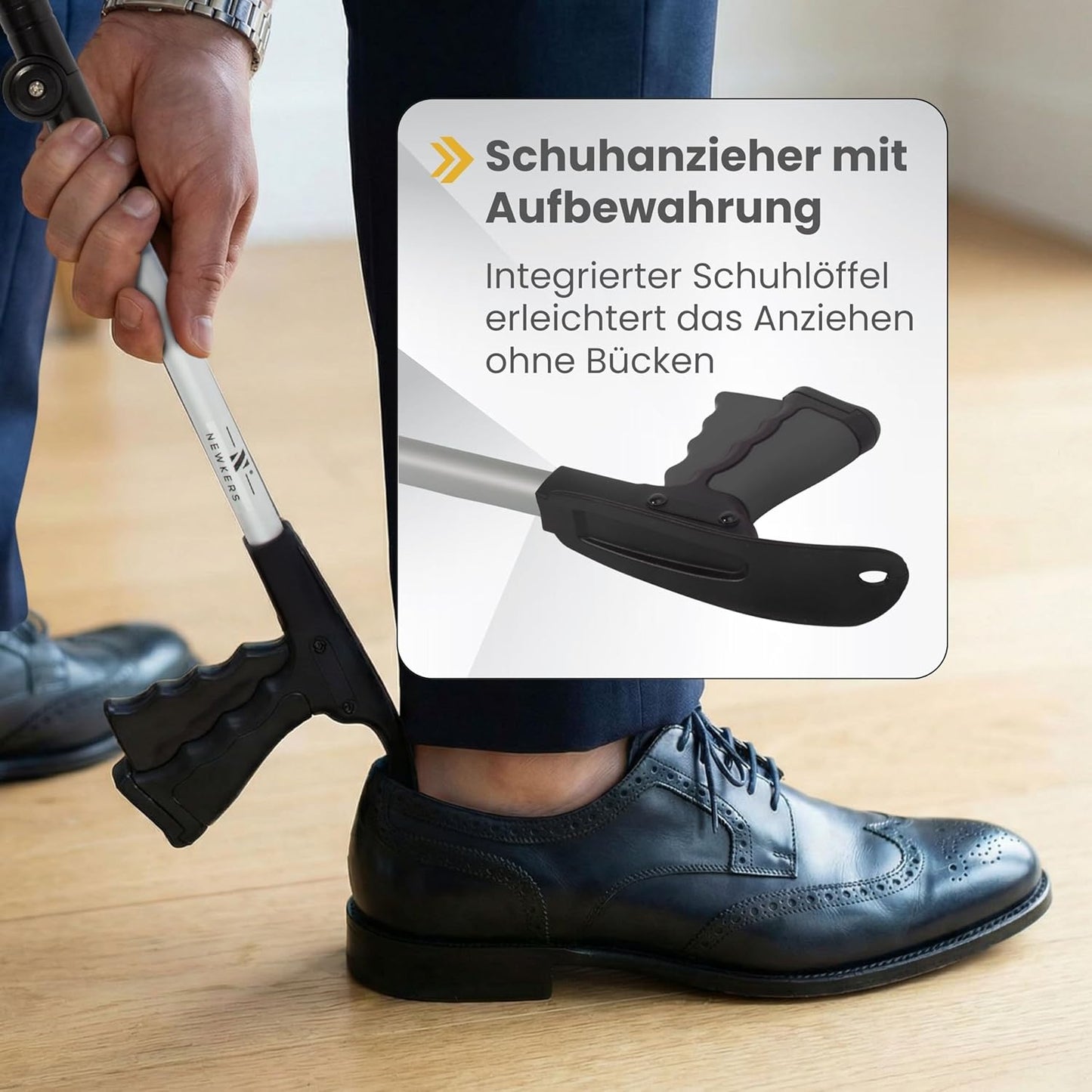 Newkers® - Greifzange für Senioren [80 cm] Faltbare Müllzange aus Aluminium mit 360° Drehkopf Magnet | Schuhlöffel lang | Schuhanzieher für Damen Herren | rutschfeste Silikongreifer (Schwarz Silber)