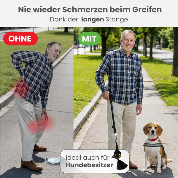 Newkers® - Greifzange für Senioren [80 cm] Faltbare Müllzange aus Aluminium mit 360° Drehkopf Magnet | Schuhlöffel lang | Schuhanzieher für Damen Herren | rutschfeste Silikongreifer (Gelb Schwarz)