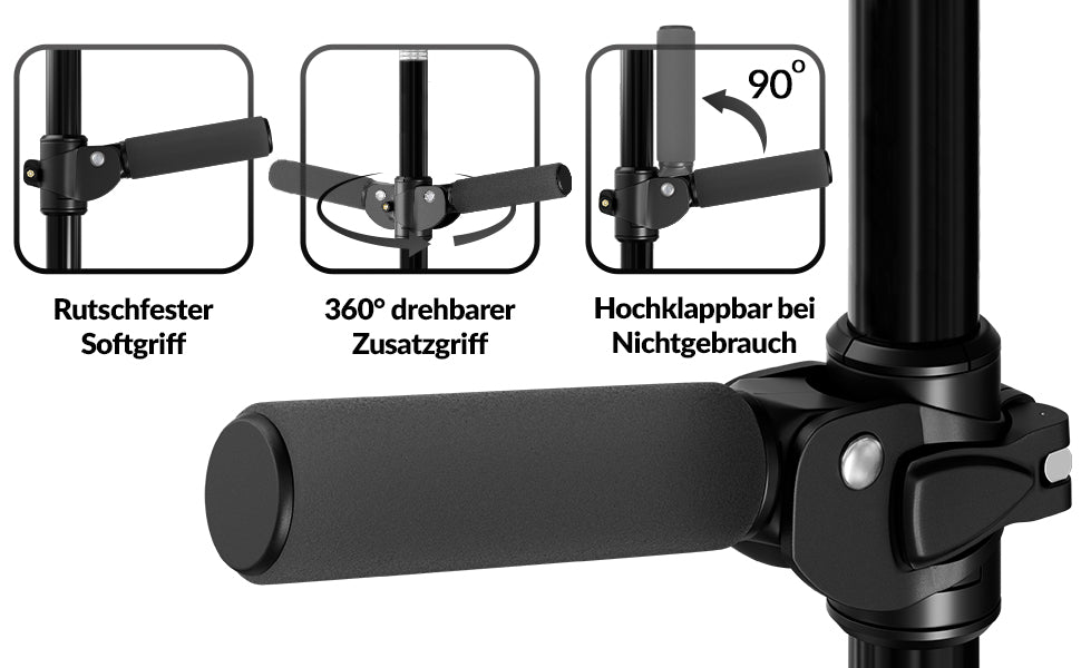 Newkers® [360°] - Gehstock Zusatzgriff Damen Herren Klappbarer Seitengriff für Gehstöcke Krücken Haltegriff für Wanderstöcke Krückenhalter Stockhalter Stützgriff rutschfest [Schwarz]
