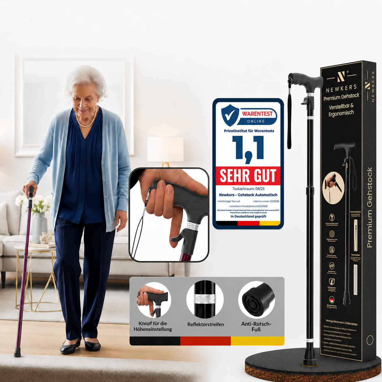 Newkers Gehstock — automatisch höhenverstellbar, 65 bis 102 cm